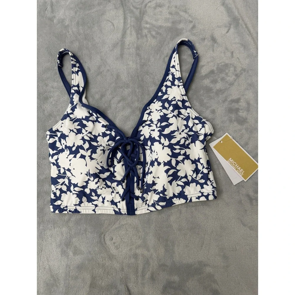 Michael Kors X2712 Printed Lace-up V-Neck Bikini Top - Chambry Size S $102 NEW